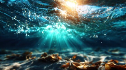 An enchanting underwater scene illuminated by sunlight penetrating the surface, showcasing bubbles and underwater elements, creating a magical and serene aquatic atmosphere.