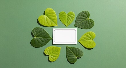 Heart-shaped Leaves Surround Blank Card on Green Background, Top