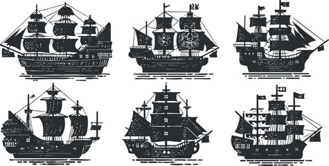 A collection of six stylized black and white pirate ships illustrations for maritime themes..