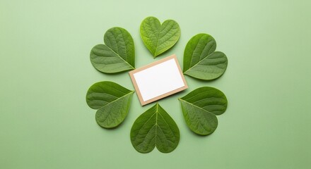 Heart-Shaped Leaves Surround Blank Card on Green Background, Top