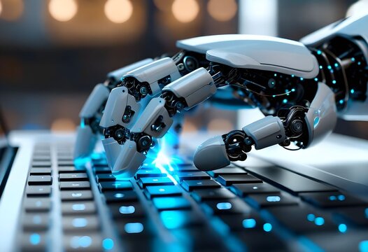 Robot hand typing on a laptop keyboard with blue light emanating from the keys. - Powered by Adobe