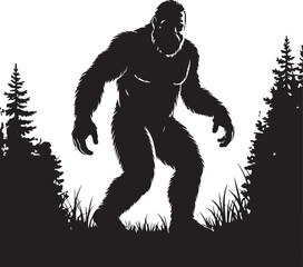 Obraz premium Bigfoot Silhouette Walking in Forest Cryptid Vector Illustration.