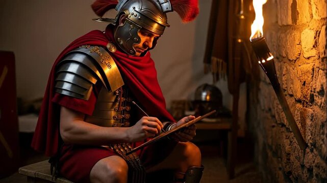 Man roman warrior wearing armor and red toga writing on tablet by torchlight, historical reenactment footage
