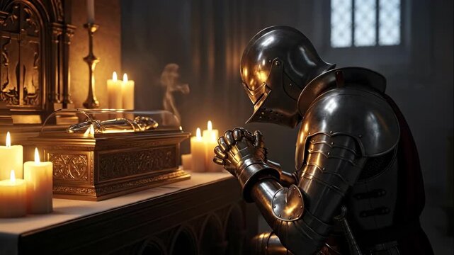 Knight at the altar praying in candles light in an old church, religious ceremonial setting, historical video