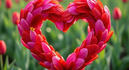 Heart-Shaped Tulip Petal Arrangement with Dew Drops in a Lush Gr