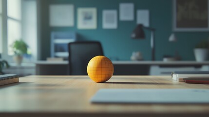 A cozy workspace features an orange stress ball in focus, surrounded by office supplies and a soft natural light ambiance.