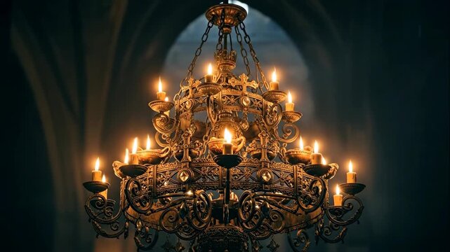 Golden antique chandelier with flickering candles illuminating a dimly lit arched interior, historical elegance footage