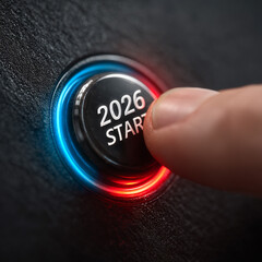 An illustration of a futuristic button with the words "START-2026" glowing in bright blue and red, with a finger pressing it. The interface features a high-tech style, bright lighting, crisp textures,