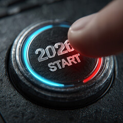 An illustration of a futuristic button with the words "START-2026" glowing in bright blue and red, with a finger pressing it. The interface features a high-tech style, bright lighting, crisp textures,
