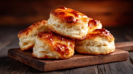 A tempting stack of golden, flaky biscuits sits on a rustic wooden board, radiating warmth and inviting comfort for any baked goods lover.