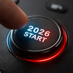 An illustration of a futuristic button with the words "START-2026" glowing in bright blue and red, with a finger pressing it. The interface features a high-tech style, bright lighting, crisp textures,