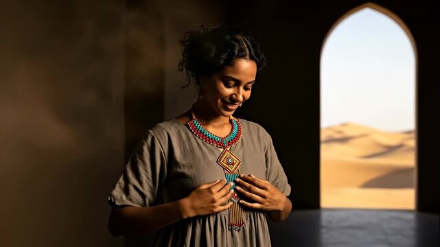 Woman adjusting traditional beaded necklace with desert landscape background, historical heritage, ancient craft footage.