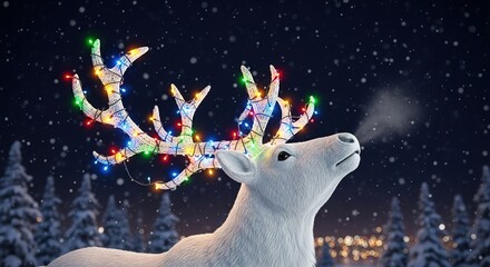 Illuminated Reindeer Gazing Skyward in Snowy Winter Wonderland S