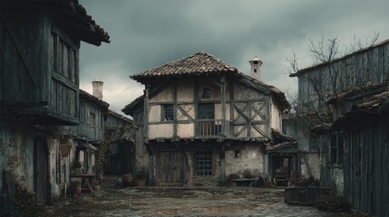 Medieval Wooden House in Oil Painting Style