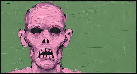 Impasto Pink Zombie Portrait Against Textured Green Background