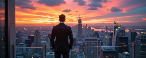 Business Growth and Development A Professional Businessman Overlooking a Corporate Skyline at Sunset