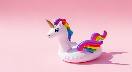 Inflatable unicorn pool float with rainbow mane and tail on pink