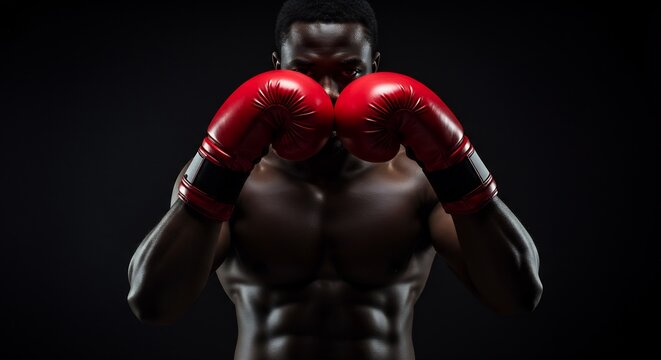 Muscular African American man in red boxing gloves posing with intense expression against black background - Powered by Adobe