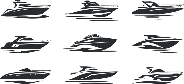 Fototapeta Collection of stylish black silhouette boats and yachts in various designs and angles.