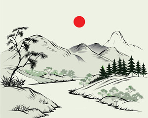 Vector illustration of a cold winter landscape with snowy mountains, pine trees, and a blue sky