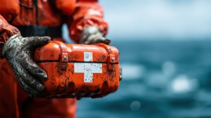 An essential emergency aid kit being held by a safety-conscious individual amidst a dramatic backdrop, emphasizing the importance of safety and preparedness in crises or emergencies.