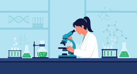 A scientist in a lab coat examines a sample under a microscope, surrounded by scientific equipment and molecular diagrams.