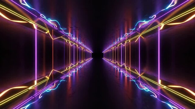 Endless Neon Tunnel with Rhythmic Rotating Lines and Hypnotic Pulses