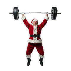 PNG cut out isolated background. A full-length studio shot of a happy and strong man in a Santa Claus costume jumping in the air while triumphantly lifting a heavy barbell overhead.