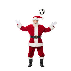 PNG cut out isolated background. A full-length studio shot of a man in a Santa Claus costume skillfully balancing a soccer ball on his head. 