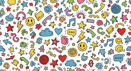 A vibrant and playful doodle pattern featuring a variety of colorful icons and symbols on a white background.