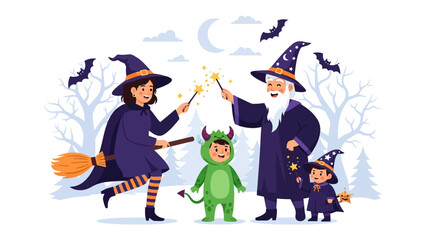 Magical Halloween Gathering: A whimsical illustration of a witch, wizard, and adorable children in costume, amidst a mystical forest scene celebrating Halloween spirit. 