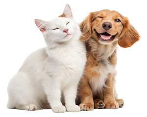 Fototapeta premium A white cat and a golden dog sitting together with the dog winking on a black background in a studio