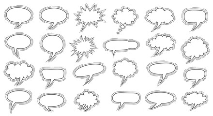 A collection of various hand-drawn speech and thought bubbles in black and white, suitable for comic strips and graphic design.