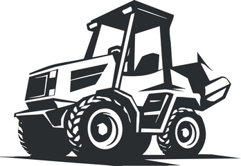 Naklejka premium Black and white illustration of a modern tractor with loader in a simple design..
