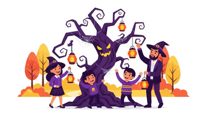Spooky Halloween Decoration: A festive cartoon illustration depicts a family gathering to decorate a tree with lanterns for Halloween celebration in autumnal forest, filled with spookiness and fun.