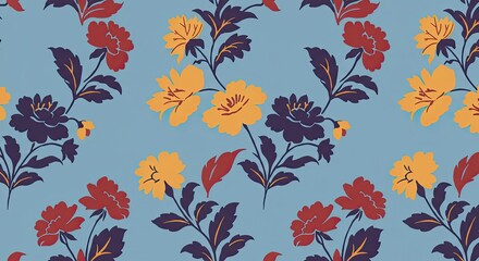 A repeating color blocked floral repeat, with solid colored flowers and leaves, bold and simple, on a solid background 