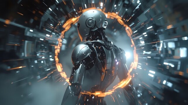 Back view of a sleek, metallic cyborg or robot with a helmeted head, standing centered in a swirling, bright orange and white digital energy vortex or portal