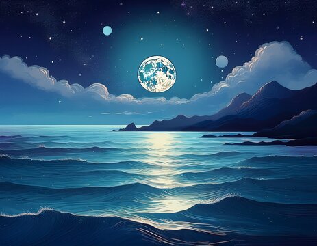 nighttime seascape with full moon and starry sky