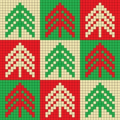 A grid layout showcases a repetitive pattern of stylized geometric Christmas trees in green, red, and beige. The design is suitable for weaving, cross-stitching, or knitting.