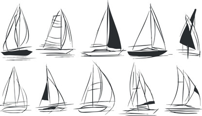 Stylized black and white illustration of various sailboats on water showcasing movement and design..