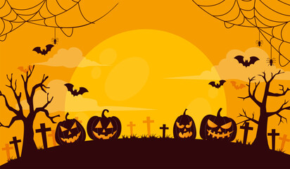 happy halloween october with ghost ,pumpkins, bat, and tree on cloud and moon background. halloween poster copy space. vector illustration flat design