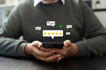 Online customer satisfaction Survey service concept, client rate service from experience in application,Consumer give five-Stars and feedback review for quality, Business reputation ranking from buyer
