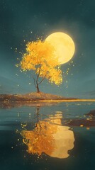 Reflective Yellow Moon Over Tranquil Water