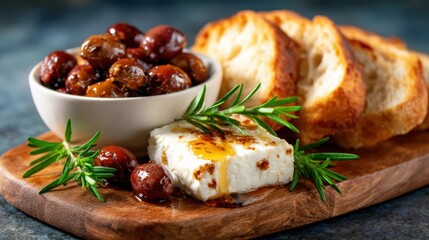 An inviting platter features creamy cheese, savory olives, and artisanal bread, showcasing a delightful spread perfect for sharing and enjoying gourmet flavors.