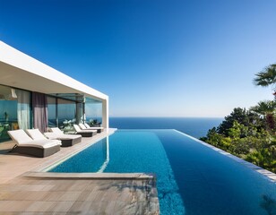 Obraz na płótnie Canvas modern luxury villa with infinity pool stunning ocean view sunny day clear blue sky over tranquil water contemporary architecture elegant design rich plants white lounge chairs