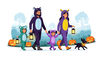 Halloween Family's Spooktacular Stroll: A family dressed in adorable costumes enjoys a Halloween trick-or-treating, walking along a vibrant path, filled with festive decorations and joyful moments.
