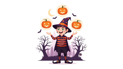 Mystic's Halloween Gathering: A spirited young wizard conjures the essence of Halloween, playfully juggling three luminous pumpkin lanterns under a crescent moon.