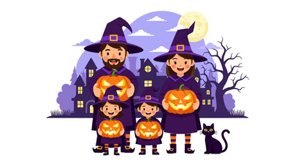 Happy Halloween: A witch family in costumes, holding carved pumpkins as they get ready for trick-or-treating under the moonlight night. The full moon illuminates the whimsical scene.
