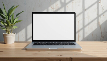 Fototapeta premium Silver laptop with blank white screen on wooden desk next to potted plant computer technology