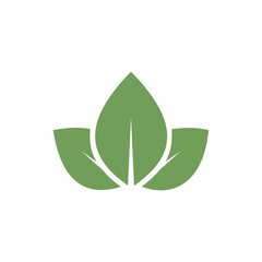 Minimalist solid green vector icon featuring three stylized leaves clustered together, symbolizing nature, ecology, organic growth, veganism, and environmental wellness.